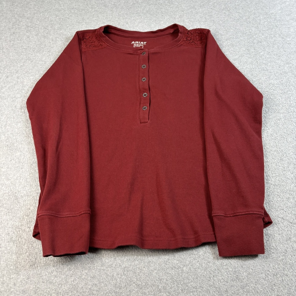 Ariat Shirt Womens Small Red Henley Long Sleeve Crochet Western Southwest Boho